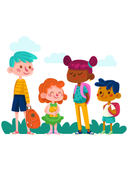 varios niños con cartera en verano